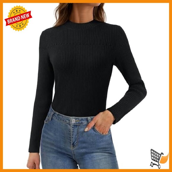 Women's Long Sleeve Mock Neck Sweater Ribbed Knit Slim Fit Tops - Picture 2 of 7